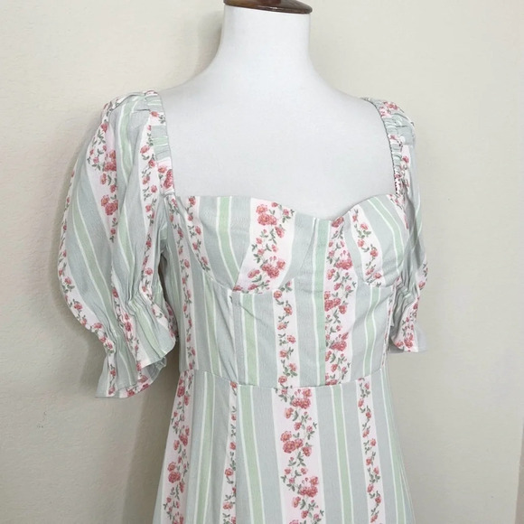WeWoreWhat Sage Green Pink‎ Victorian Floral Stripe Puff Sleeve Corset Dress - Picture 10 of 15